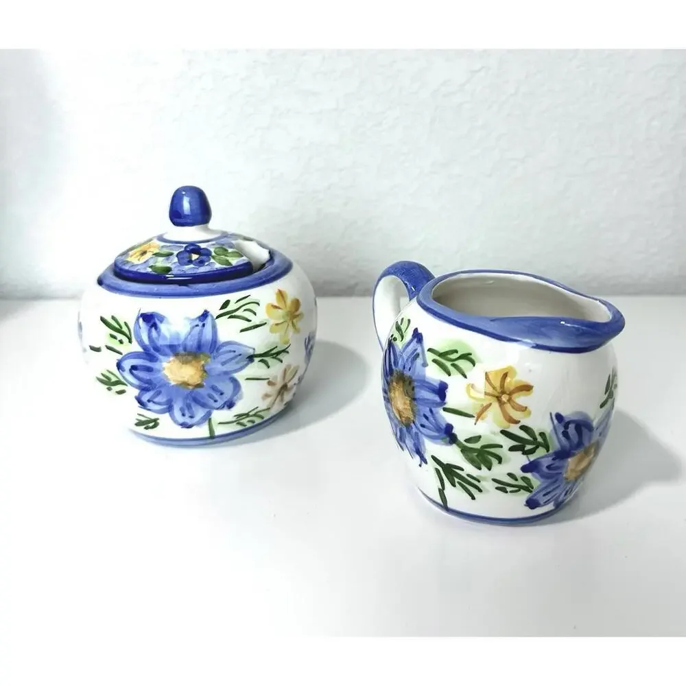 VTG Ceramic Sugar Bowl & Creamer Floral Pattern White Blue & Yellow Italy Made